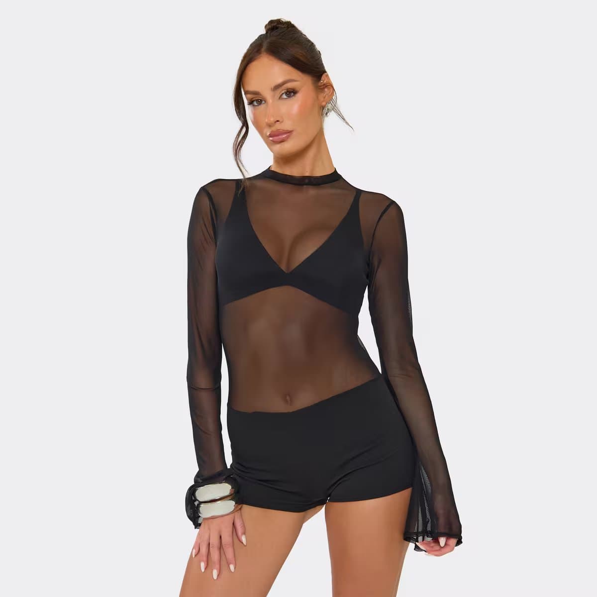 EGO Long Flute Sleeve Playsuit In Black Mesh, Women's Size UK 6