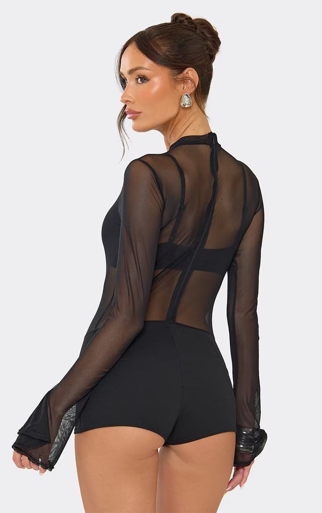 EGO Long Flute Sleeve Playsuit In Black Mesh, Women's Size UK 6 - 2