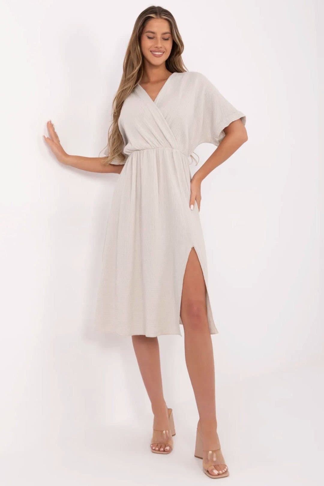 Love Lace Love Lace Women's Cotton Muslin Wrap Midi Summer Dress Style 212058 in Beige