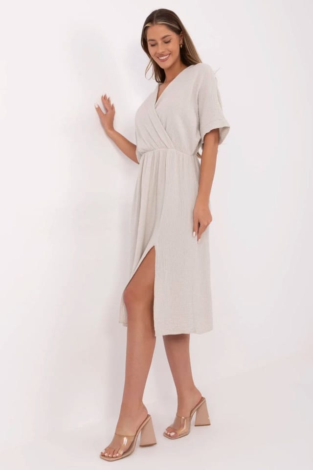 Love Lace Love Lace Women's Cotton Muslin Wrap Midi Summer Dress Style 212058 in Beige - 2