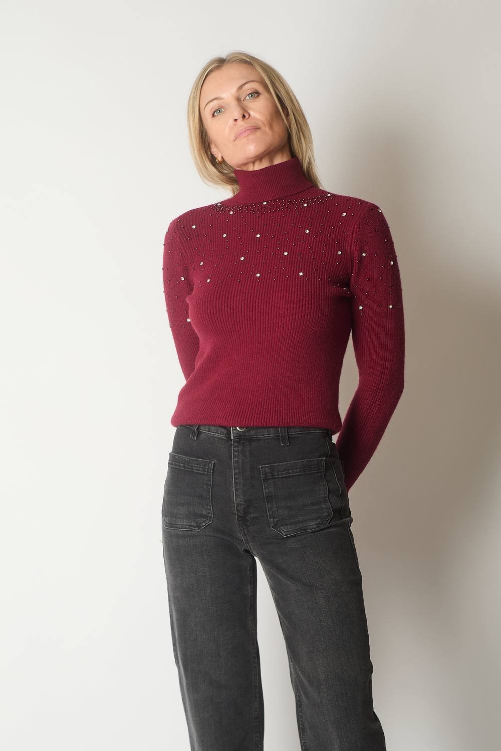 SOLO SOLO Women's Embellished Roll Neck Jumper in Wine - 3