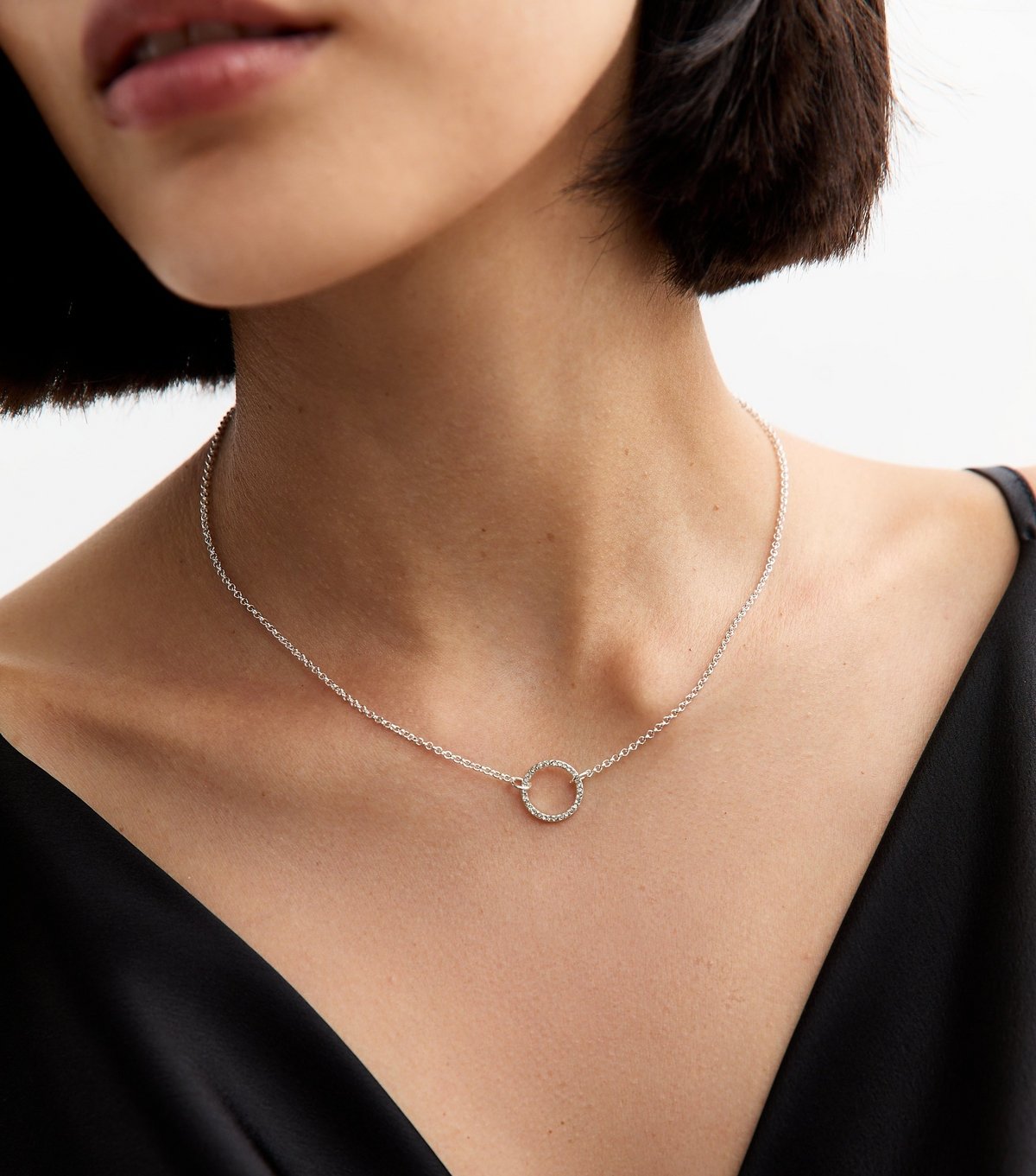 New Look Silver Plated Diamante Open Circle Pendant Necklace New Look - 2
