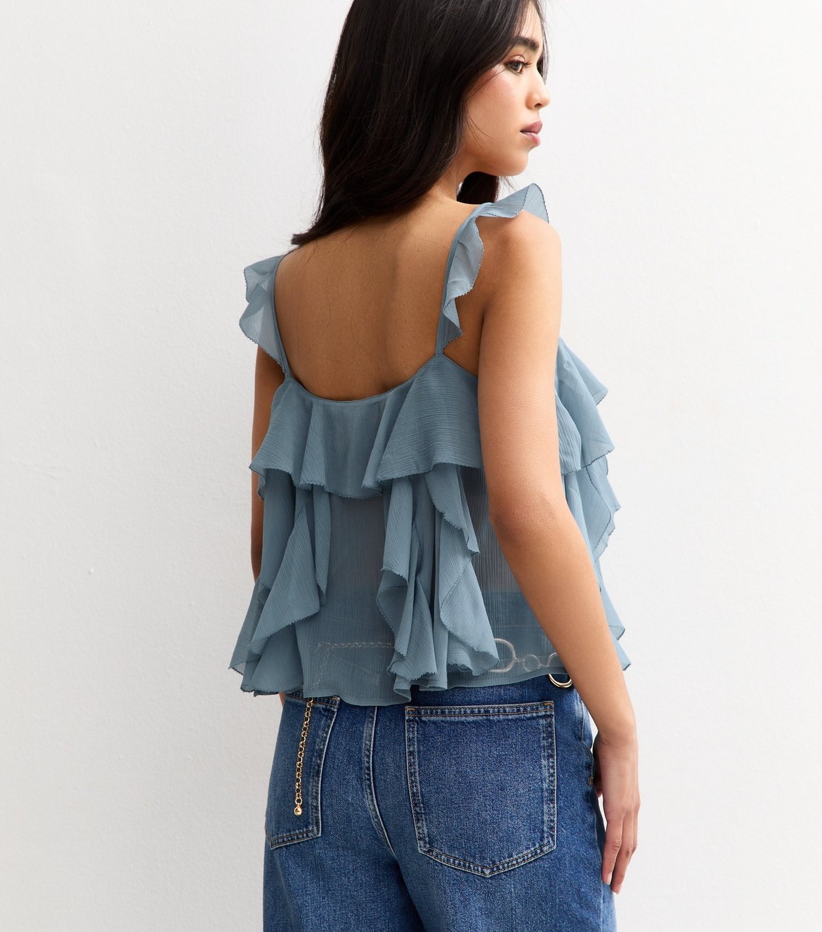 New Look Women's Blue Chiffon Frill Trim Cami Top New Look - 4