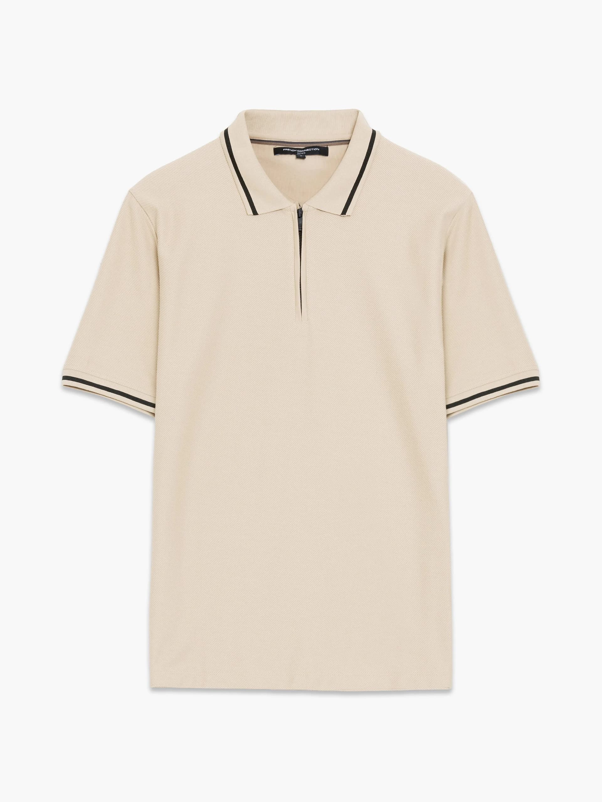 French Connection Short Sleeve Phased Twill Zip Knit Polo Shirt Sand/Black