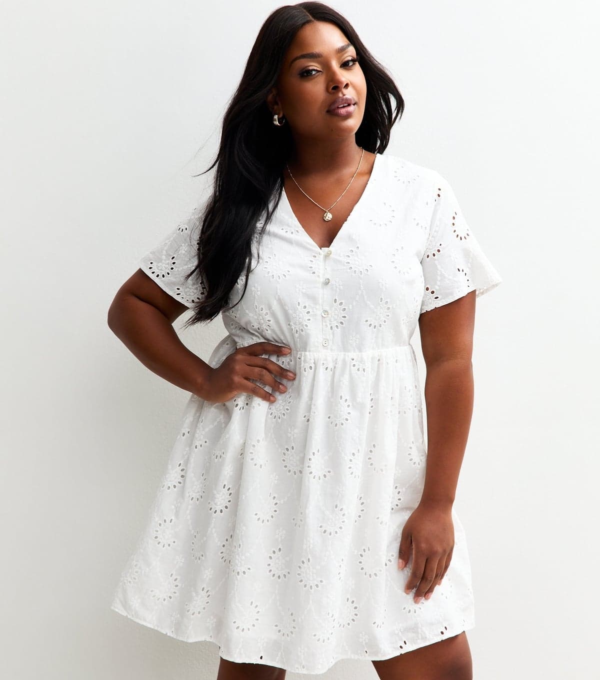 New Look Women's Plus Size White Broderie Anglaise Mini Dress Curves New Look