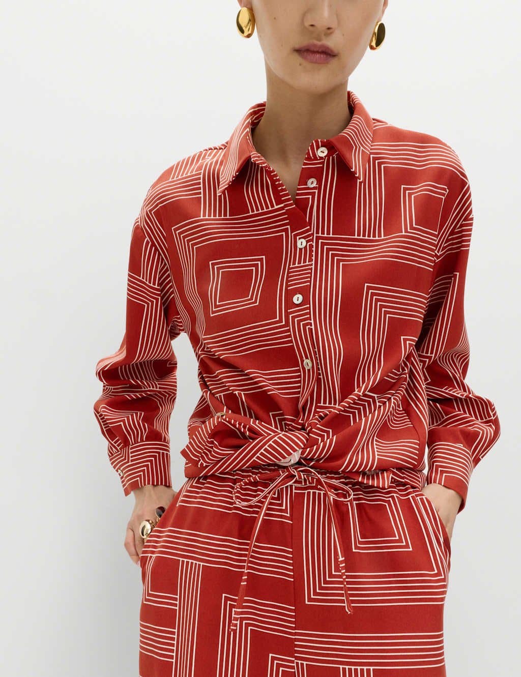 Marks & Spencer M&S Geometric Print Collared Shirt Red Mix