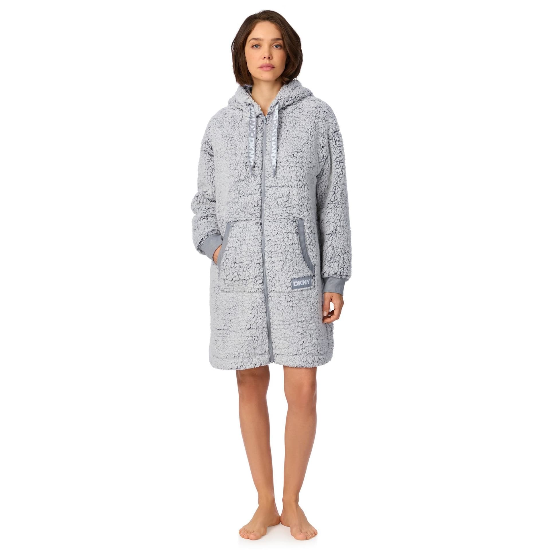DKNY DKNY Women's 91.5cm Long Sleeve Hooded Zip Robe in Graphite Frosted Sherpa in Light Grey