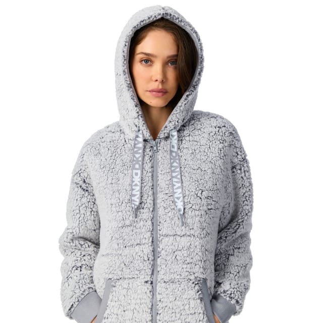 DKNY DKNY Women's 91.5cm Long Sleeve Hooded Zip Robe in Graphite Frosted Sherpa in Light Grey - 3