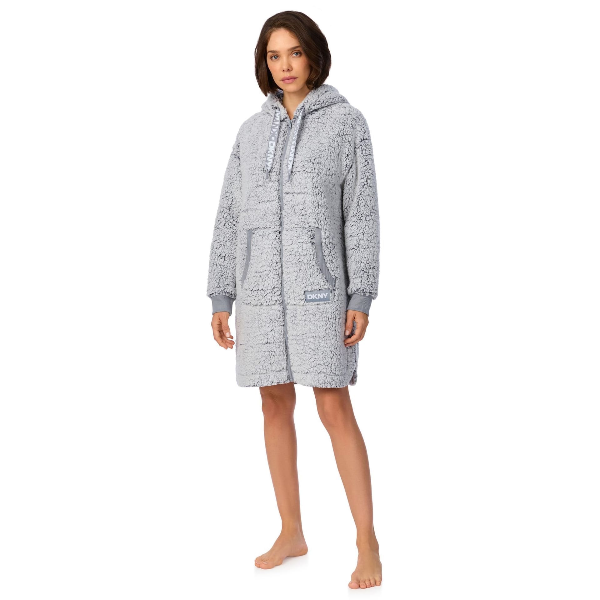 DKNY DKNY Women's 91.5cm Long Sleeve Hooded Zip Robe in Graphite Frosted Sherpa in Light Grey - 4