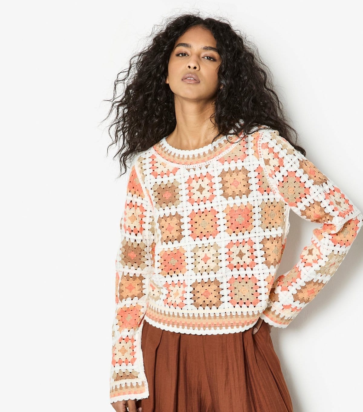 Apricot Pink/White/Brown Crochet Squares Jumper