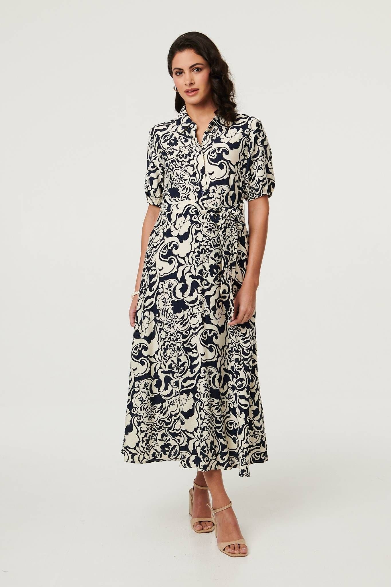 Izabel London Izabel London Women's Printed 1/2 Puff Sleeve Midi Shirt Dress in Navy