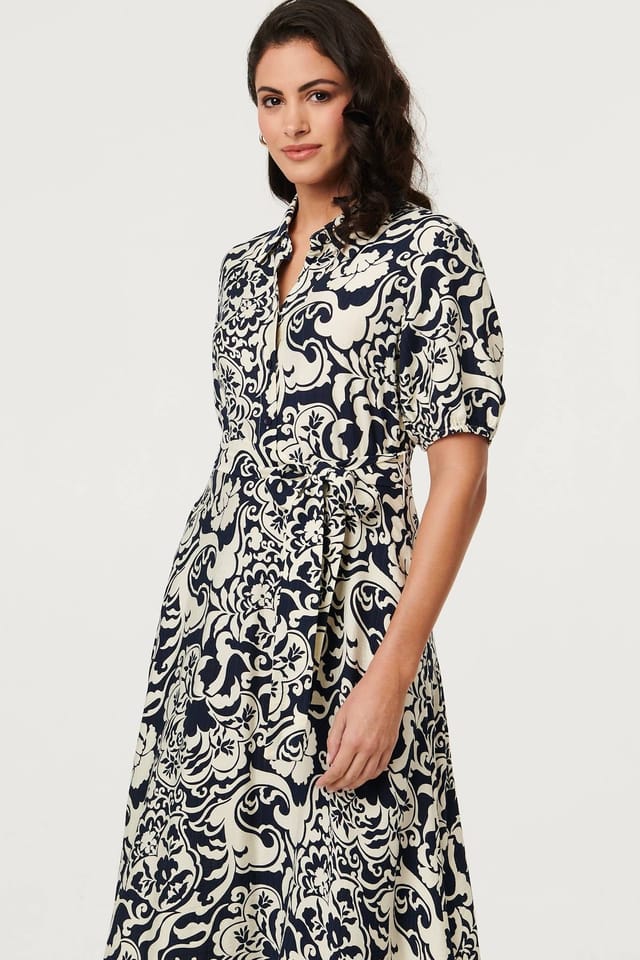 Izabel London Izabel London Women's Printed 1/2 Puff Sleeve Midi Shirt Dress in Navy - 2