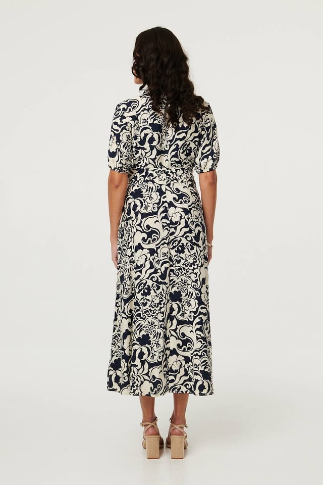 Izabel London Izabel London Women's Printed 1/2 Puff Sleeve Midi Shirt Dress in Navy - 3