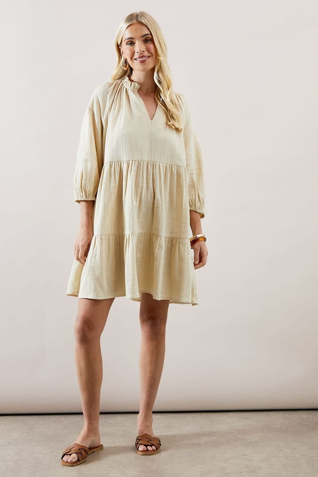 Wallis Wallis Women's Petite Textured Tiered Smock Dress in Stone - 2