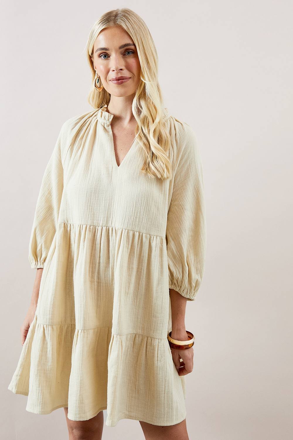 Wallis Wallis Women's Petite Textured Tiered Smock Dress in Stone - 4