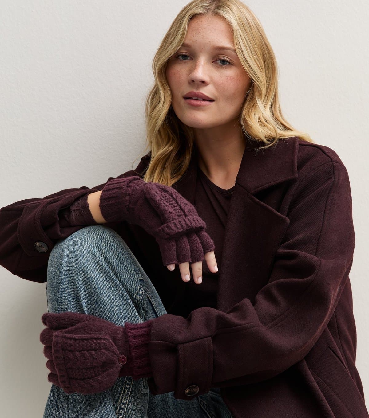 New Look Dark Burgundy Cable Knit Flip Top Gloves New Look