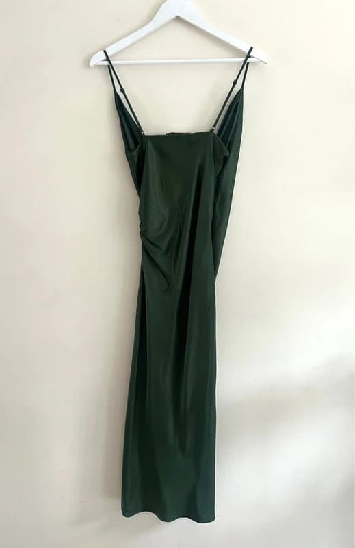 Zara 🌿 Zara Satin Slip Midi Dress Khaki Green Cowl Neck Ruched Side Split Party Size S