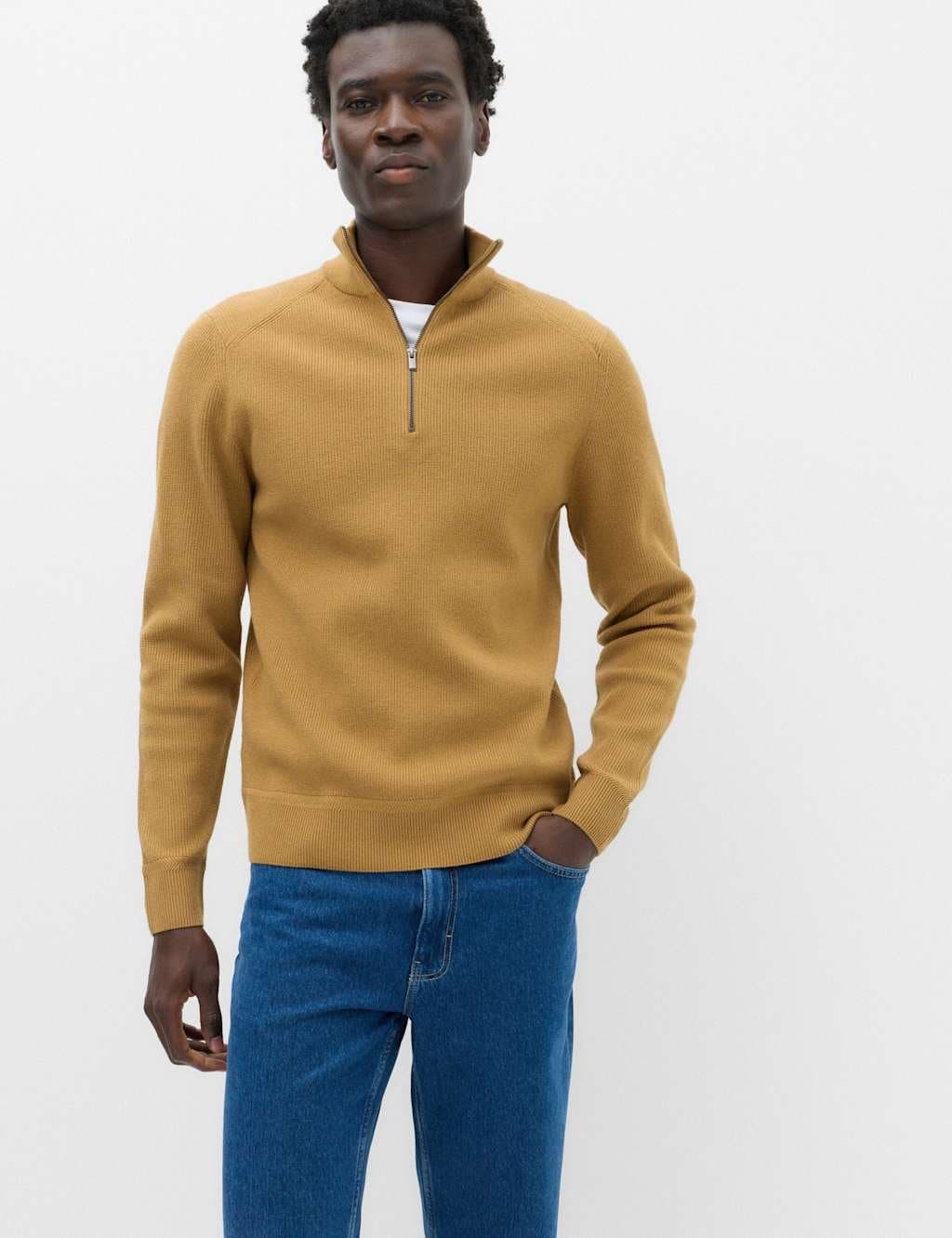Marks & Spencer M&S Cotton Blend Ribbed Half Zip Jumper Butterscotch