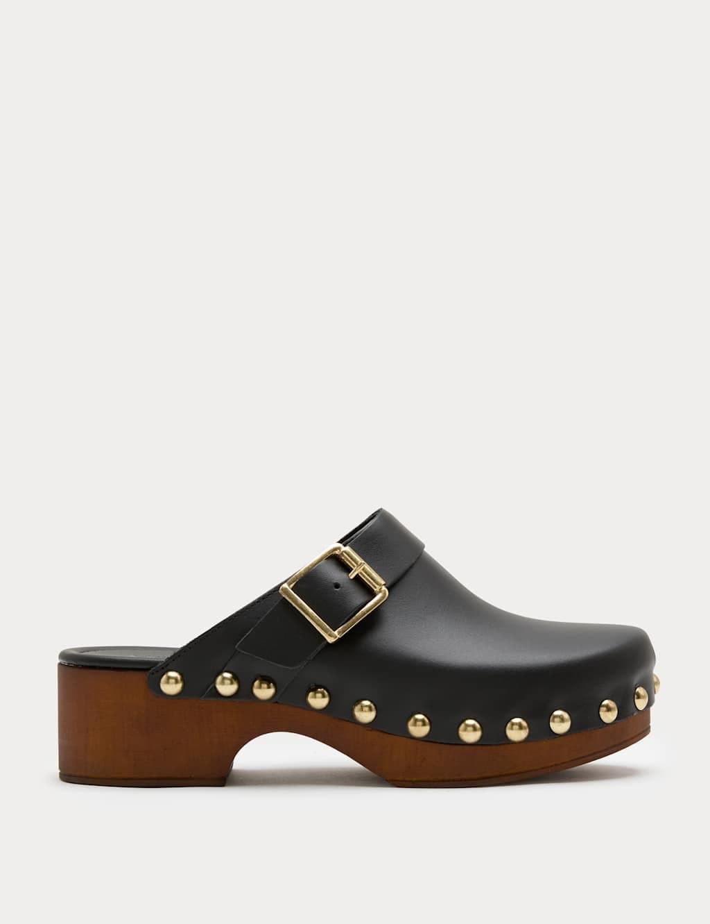 Marks & Spencer M&S Leather Studded Buckle Block Heel Clogs Black