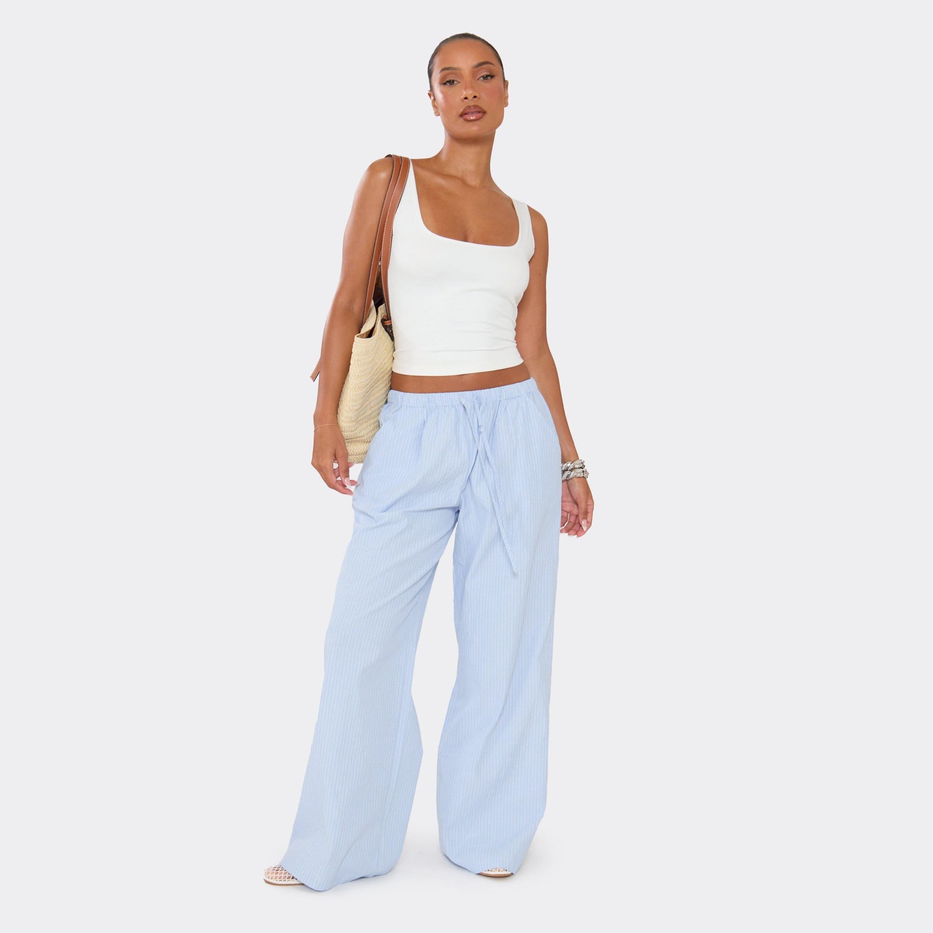 EGO Blue Pinstripe Linen Wide-Leg Trousers