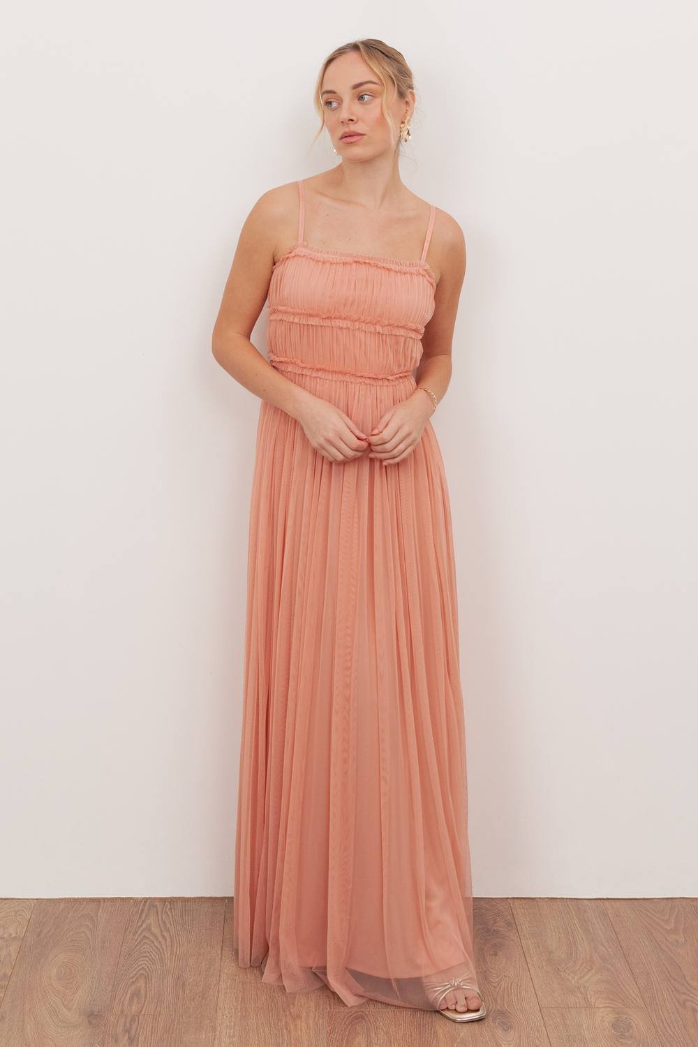 Anaya with Love Anaya with Love Women's Square Neck Strappy Tulle Maxi Dress in Peach - 4