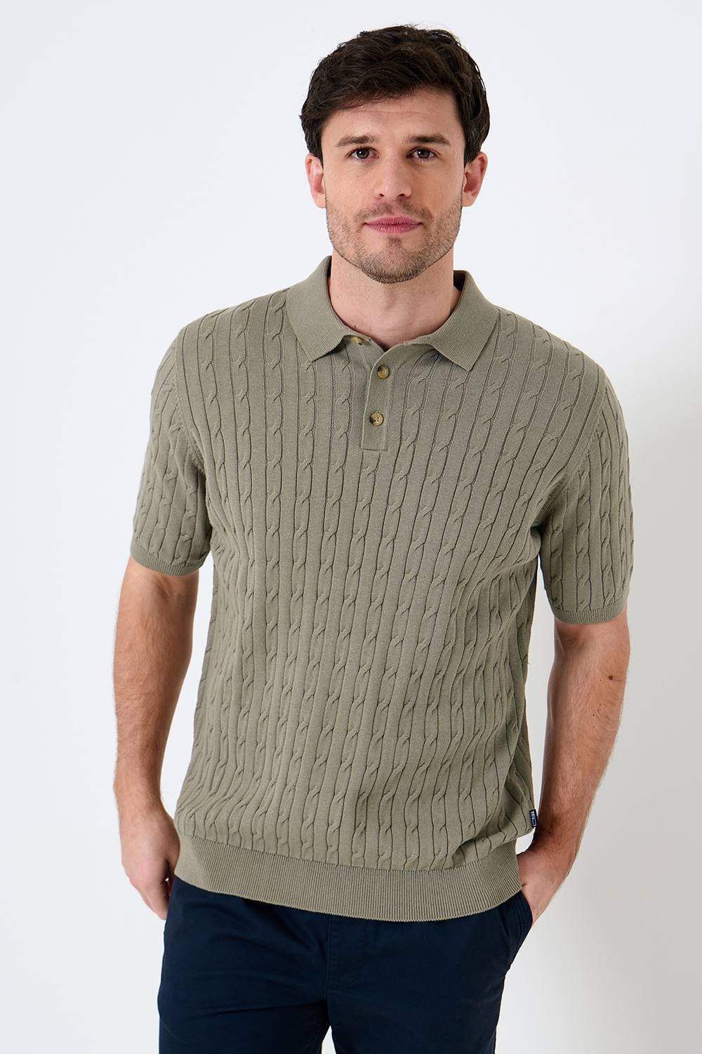 Saltwell Saltwell Men's Cable Knit Short Sleeve Polo Shirt in Pale Green - 2