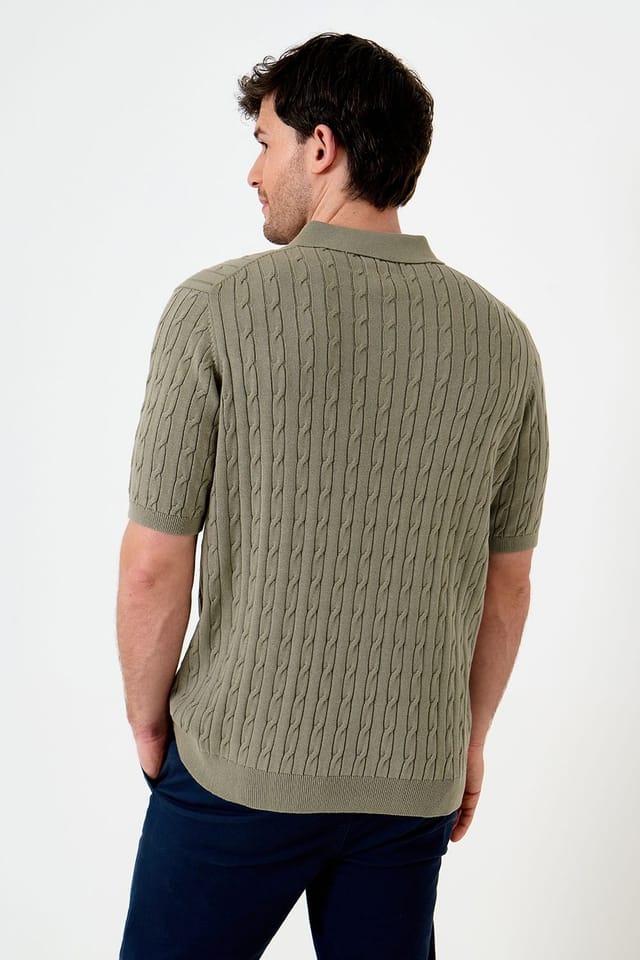 Saltwell Saltwell Men's Cable Knit Short Sleeve Polo Shirt in Pale Green - 2
