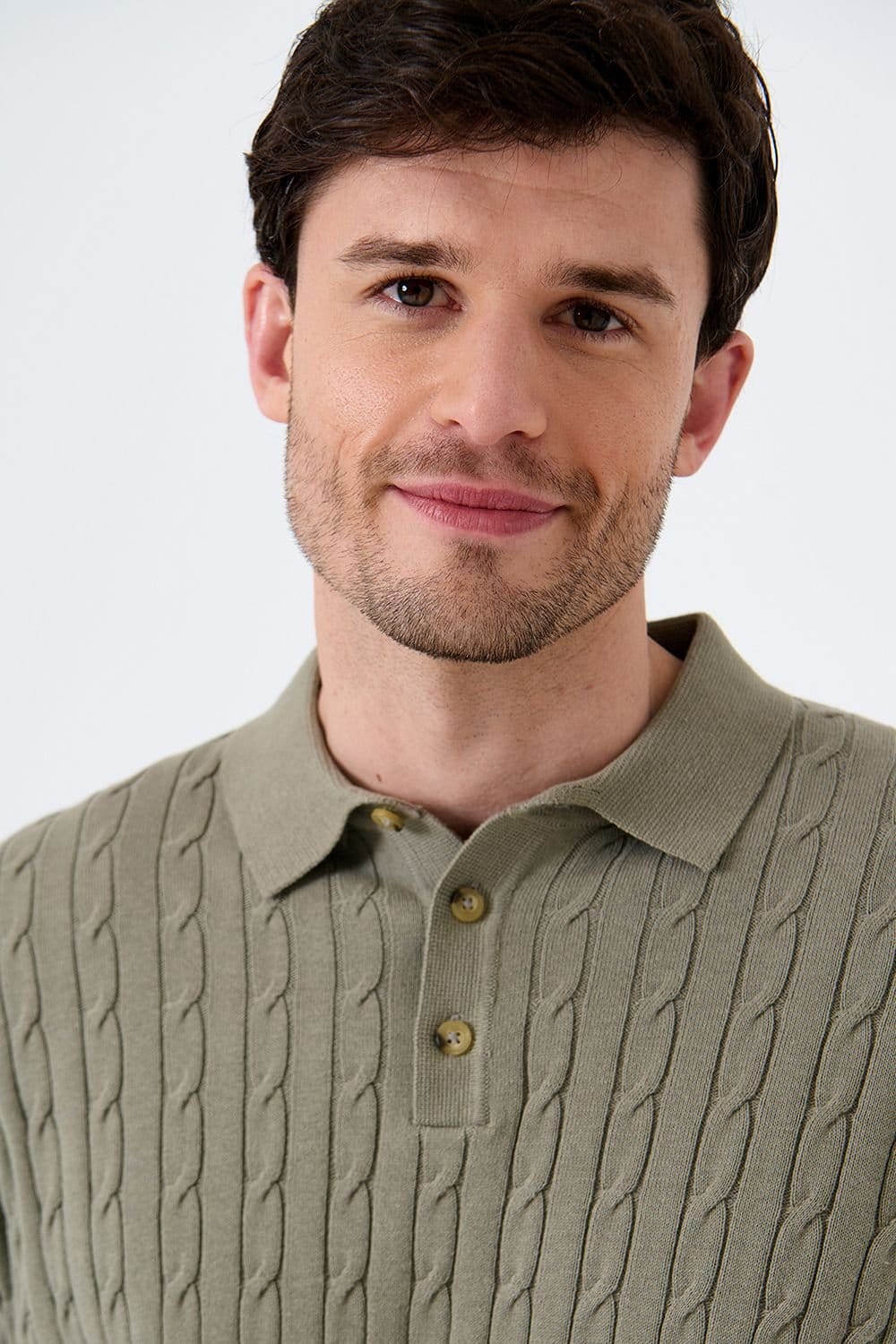 Saltwell Saltwell Men's Cable Knit Short Sleeve Polo Shirt in Pale Green - 4