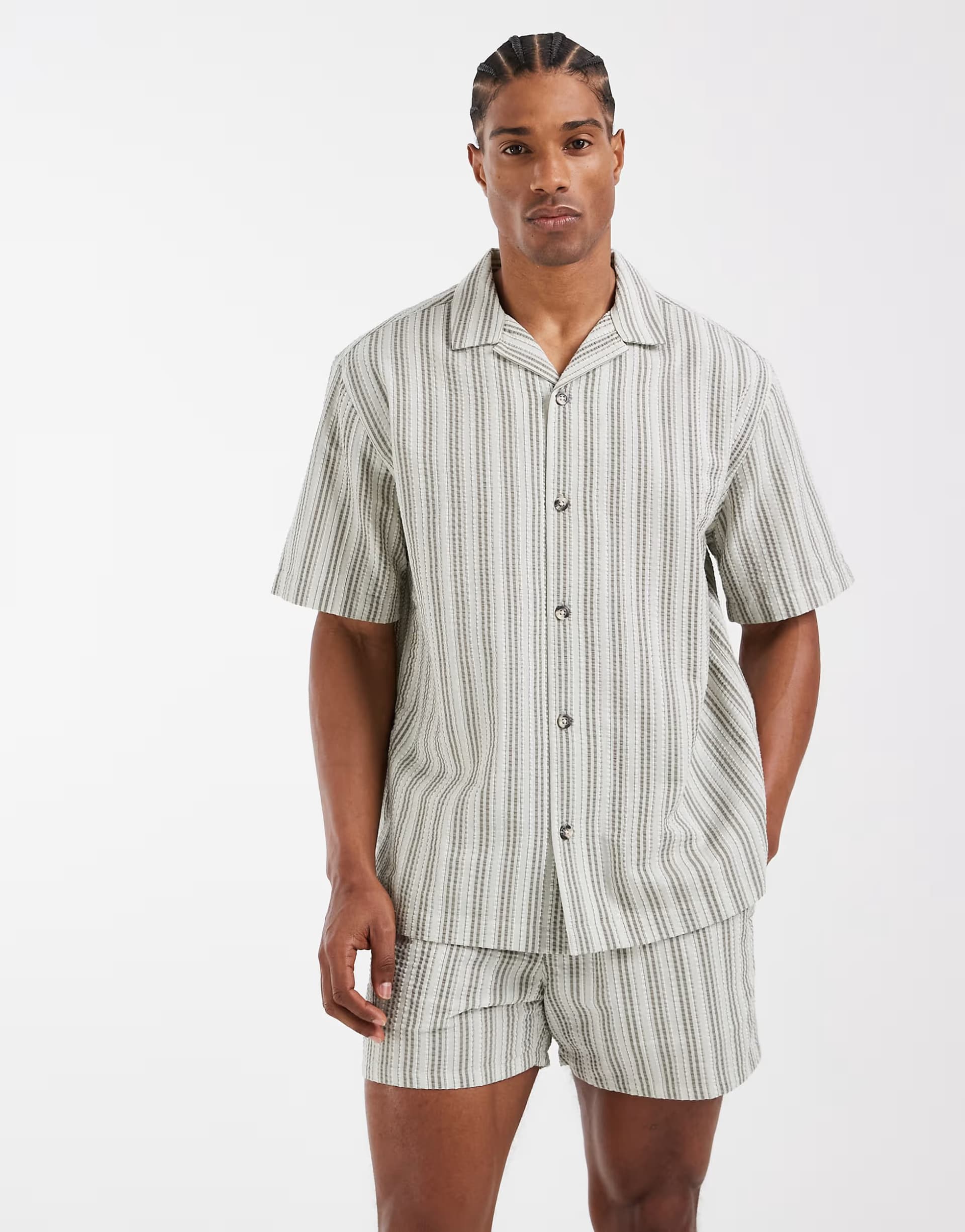 ASOS ASOS DESIGN co-ord relaxed revere seersucker shirt in sage green