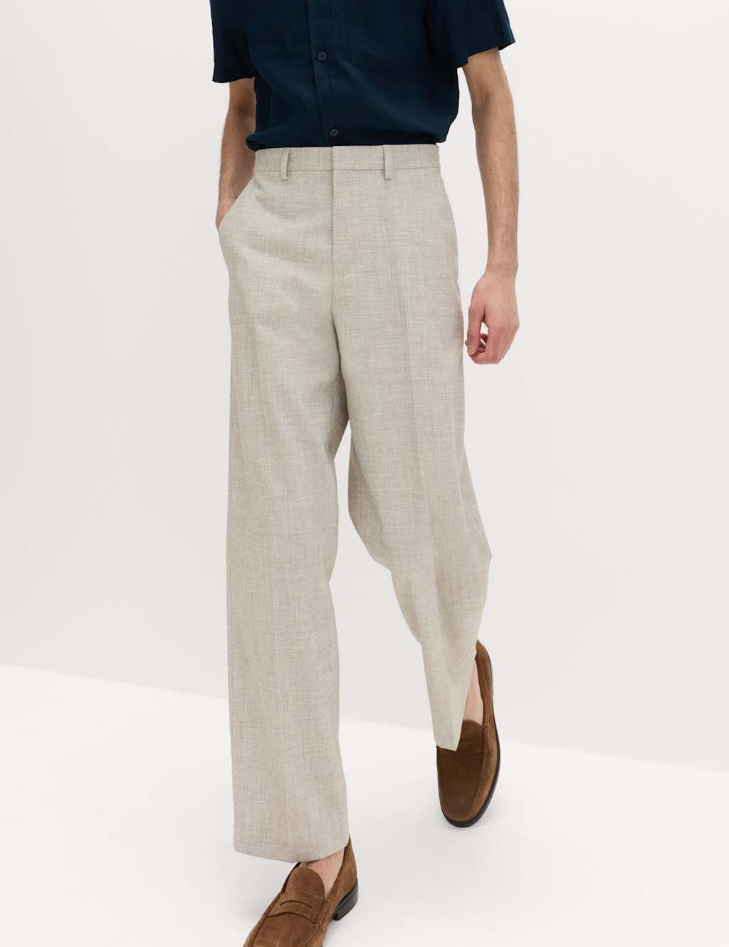 Marks & Spencer M&S Relaxed Fit Textured Pleat Front Trousers Neutral