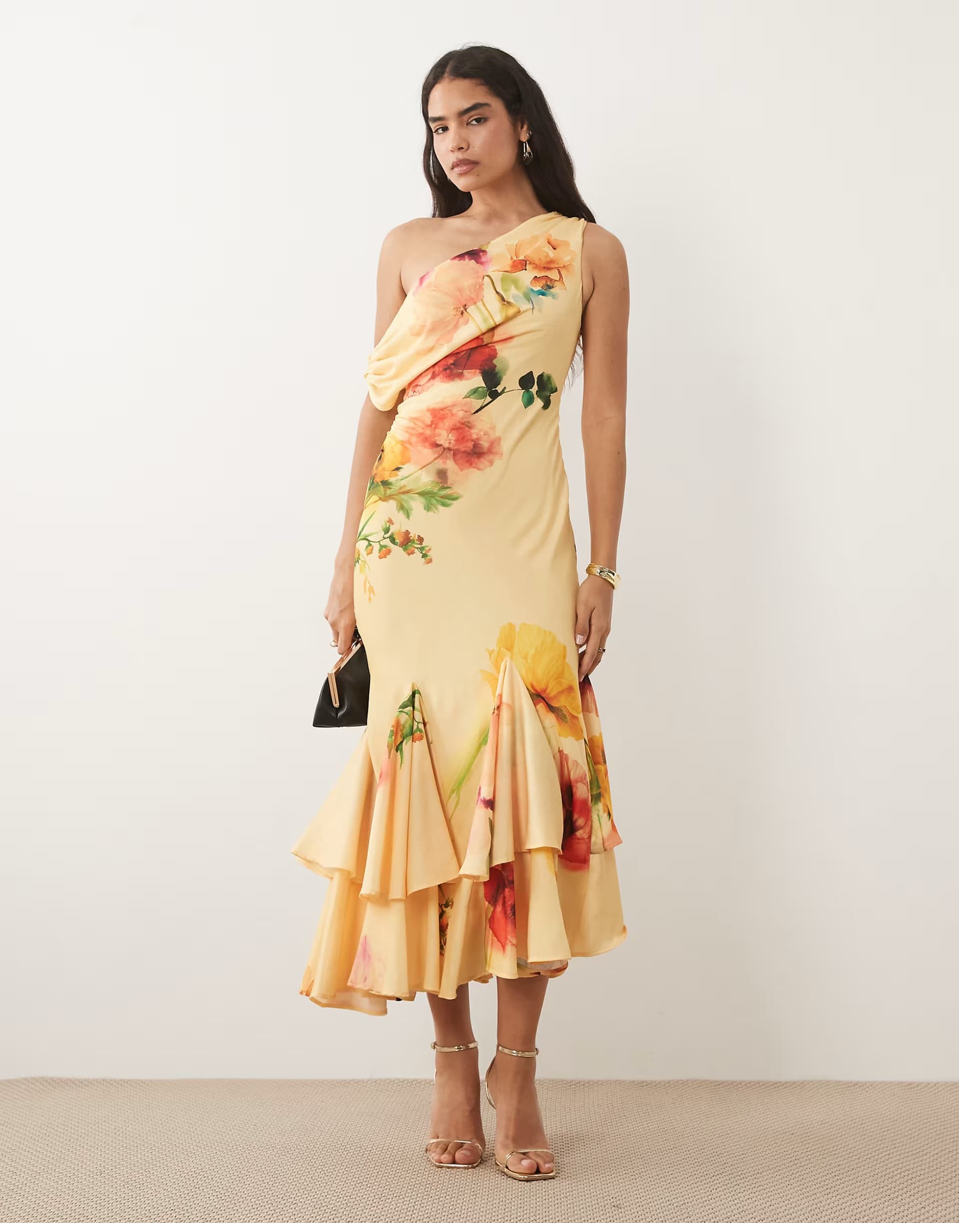 ASOS ASOS DESIGN fallen shoulder midaxi dress with asymmetric godet hem in soft floral print