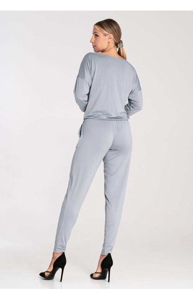 Love Lace Love Lace Women's Drawstring Waist Boat Neck Tapered Jumpsuit in Grey - 2