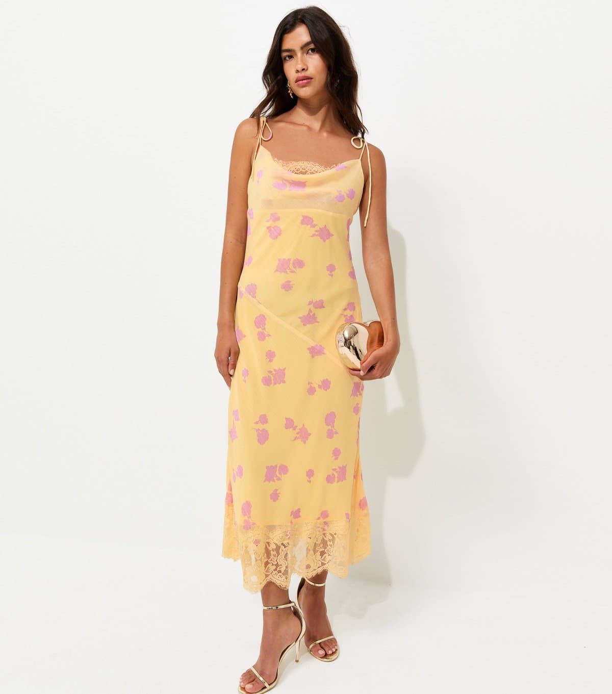 New Look Women's Yellow Chiffon Floral Cowl Neck Strappy Midi Dress New Look