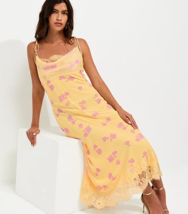 New Look Women's Yellow Chiffon Floral Cowl Neck Strappy Midi Dress New Look - 2