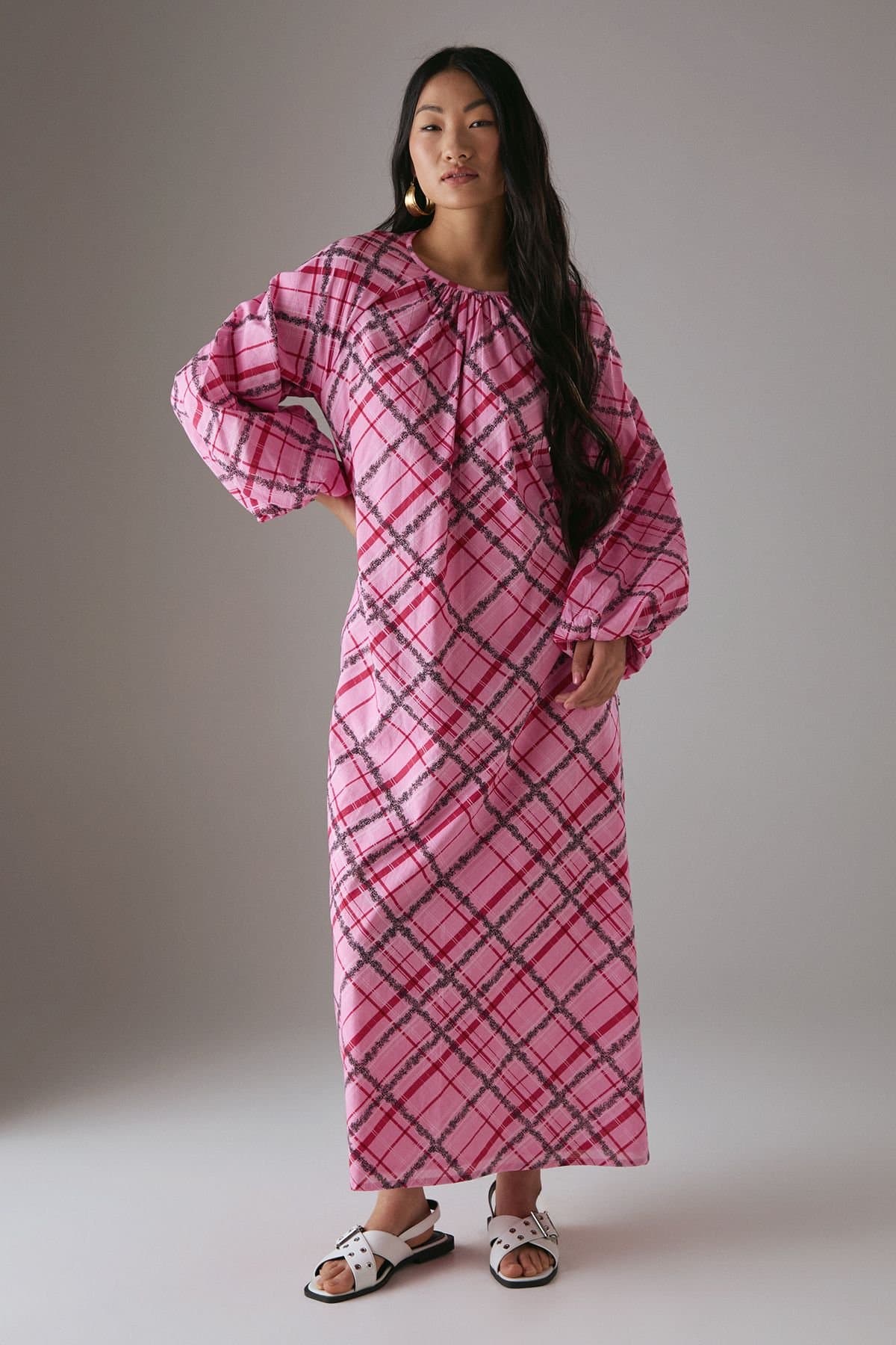 Warehouse Warehouse Women's Petite Cotton Trapeze Smock Midi Dress in Pink