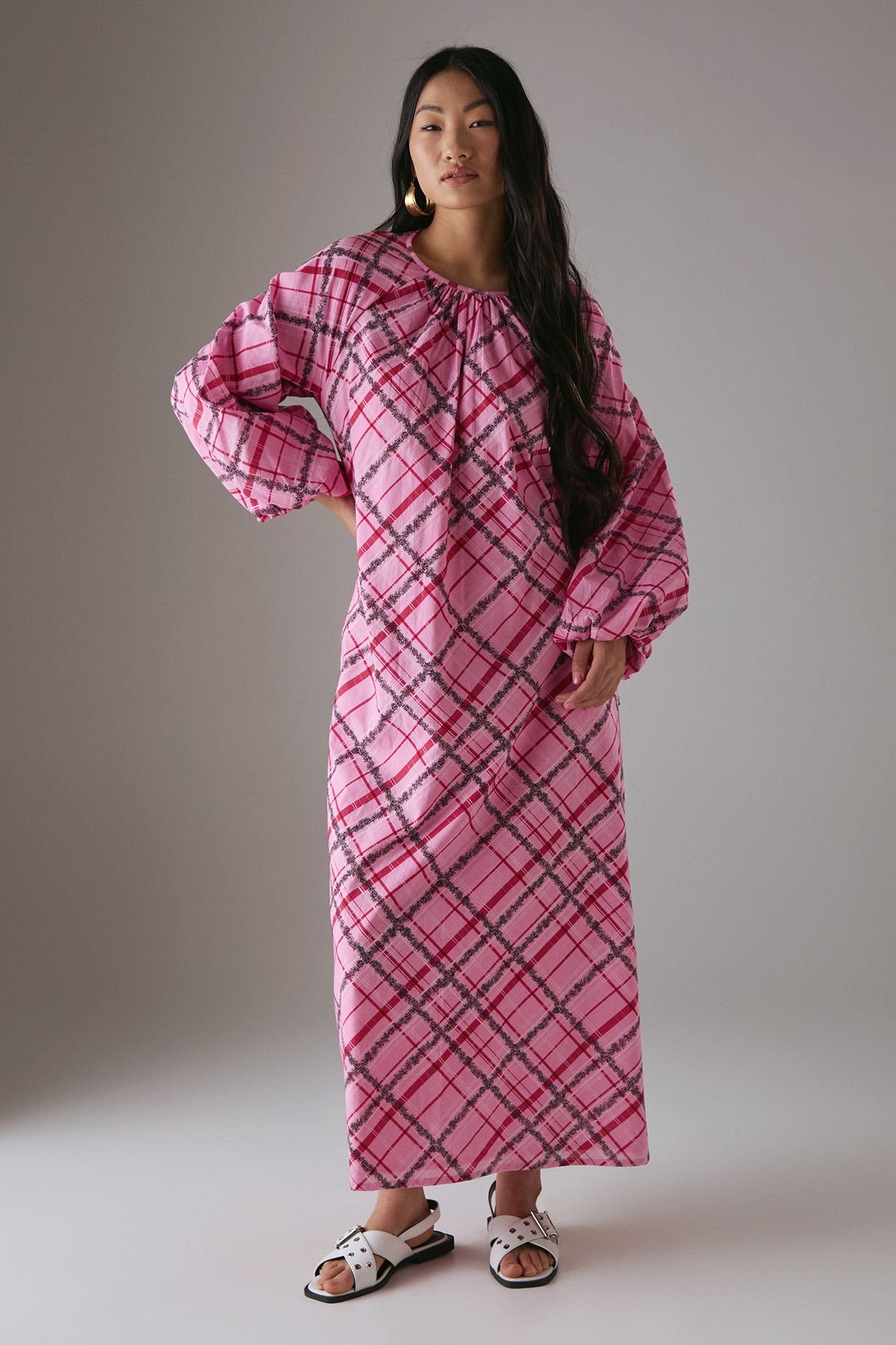 Warehouse Warehouse Women's Petite Cotton Trapeze Smock Midi Dress in Pink - 2