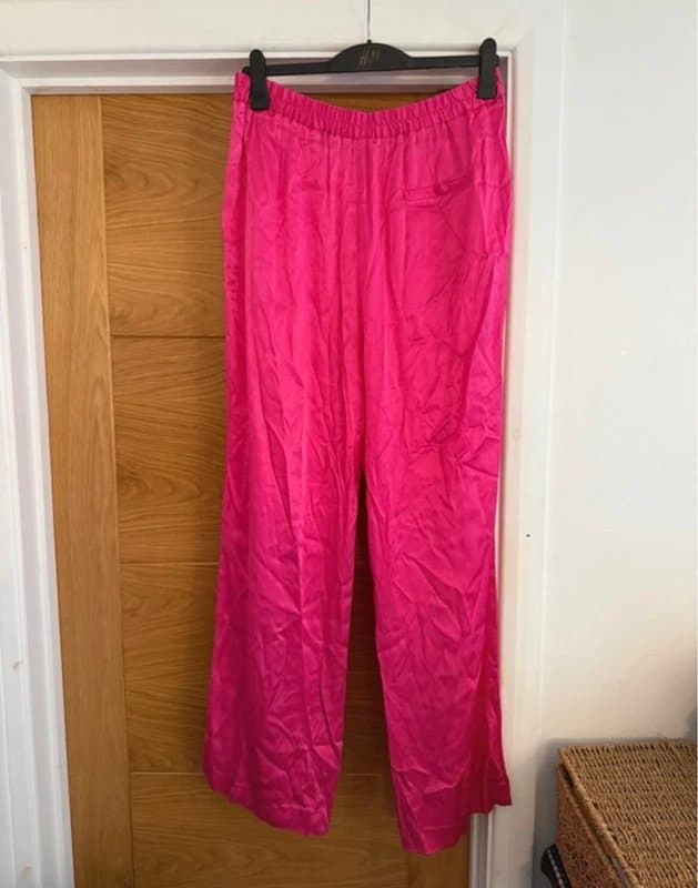 Zara Zara Hot Pink Satin Silky Style Elasticated Waist Wide Leg Trousers Size XL
