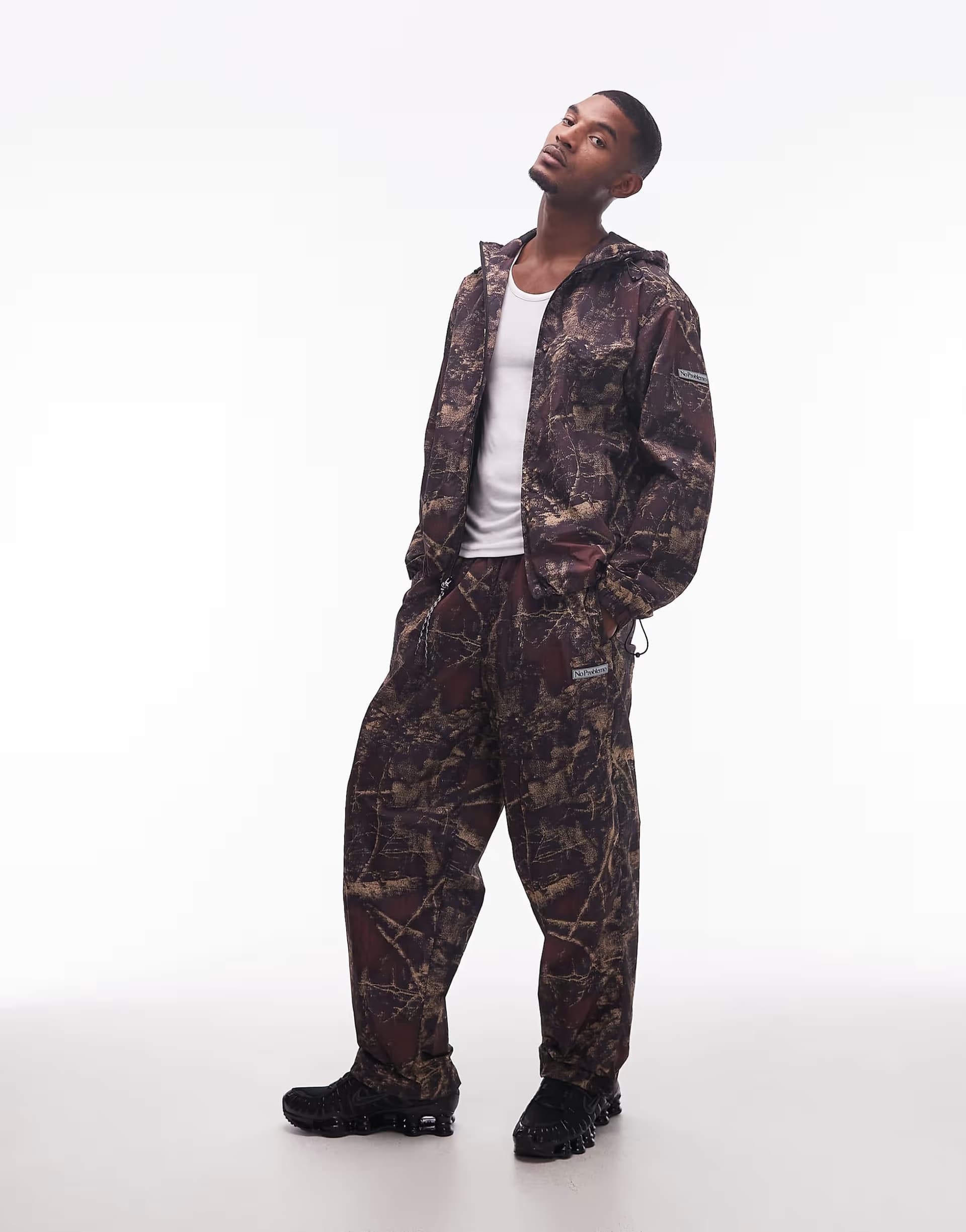 ASOS No Problemo glitch nylon trouser co-ord in dark real tree camo print