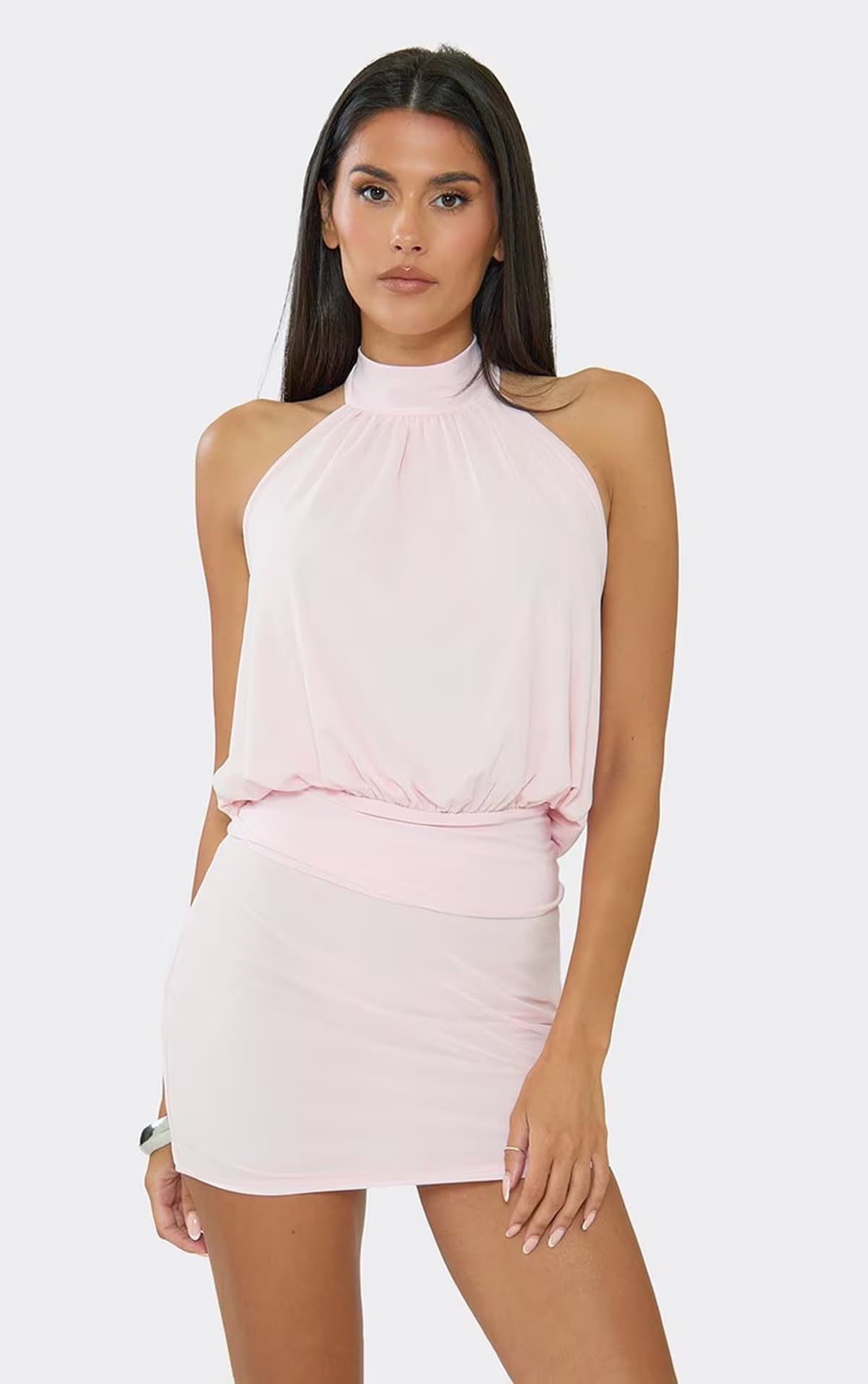 EGO High Neck Tie Back Blouson Top In Light Pink, Women's Size UK 6