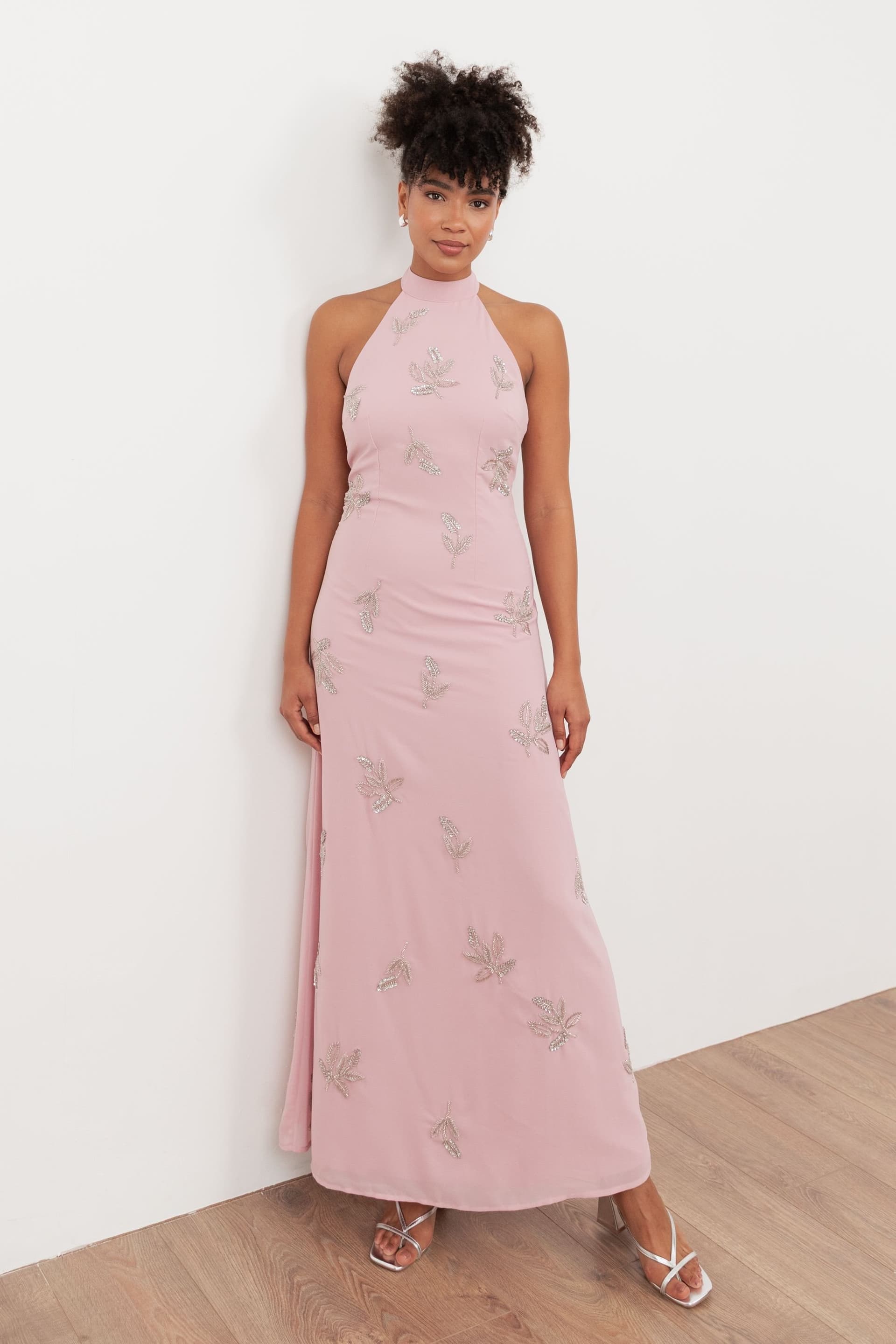Maya Deluxe Maya Deluxe Women's Embellished Halter Neck Open Back Maxi Dress in Light Pink