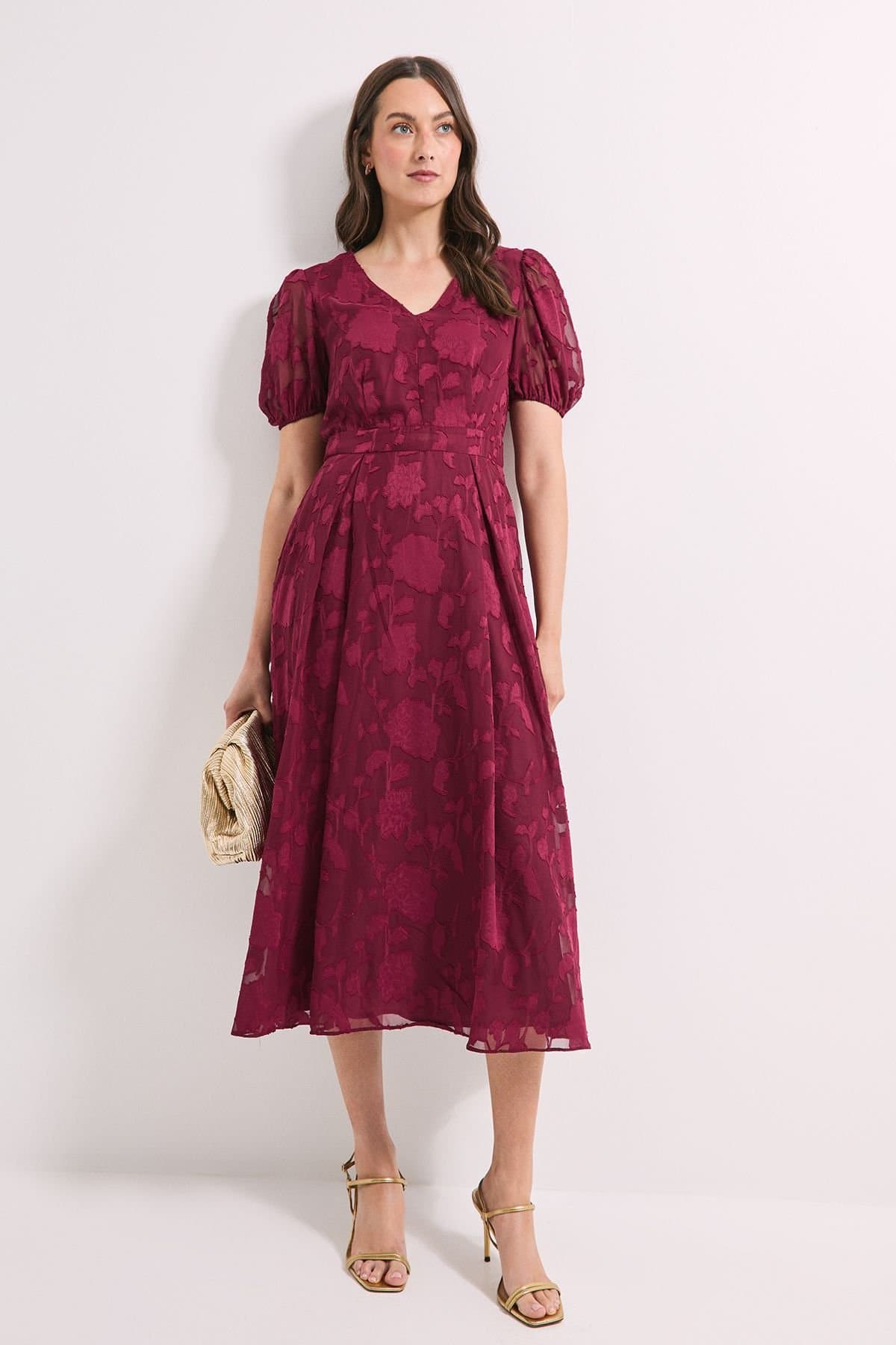 Principles Principles Women's Floral Jacquard Puff Sleeve Midi Dress in Wine