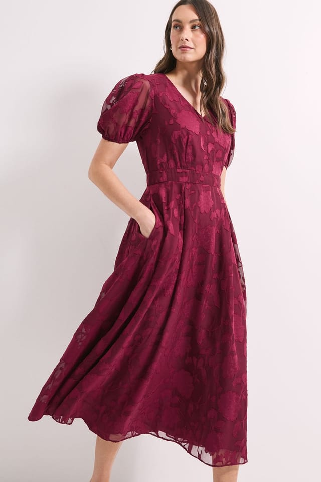 Principles Principles Women's Floral Jacquard Puff Sleeve Midi Dress in Wine - 2