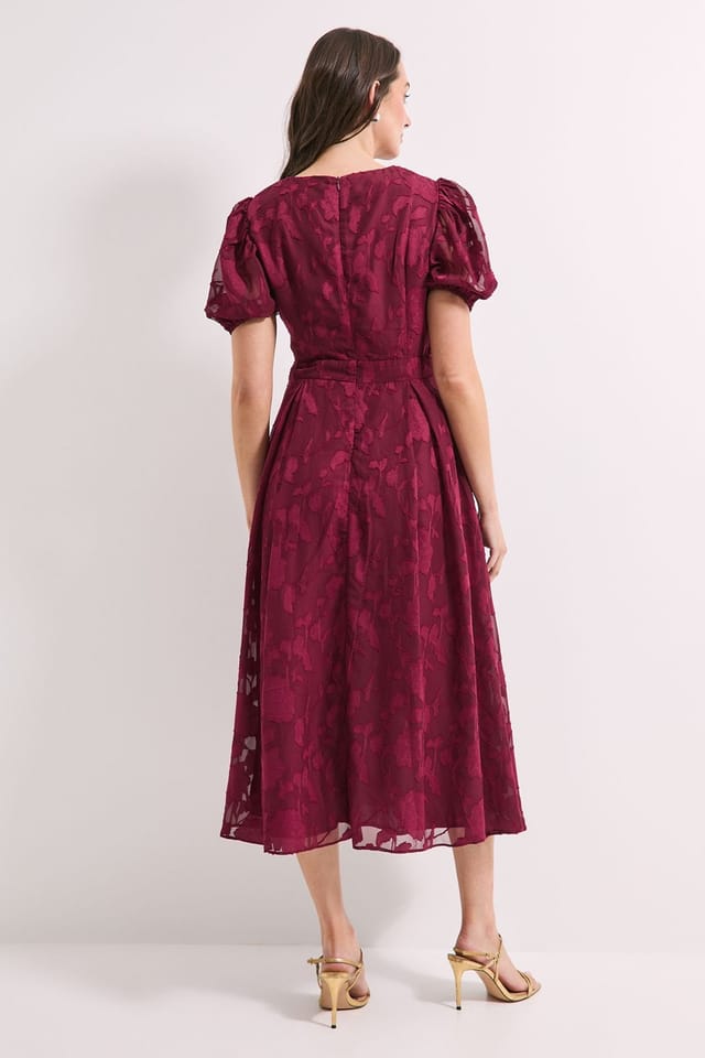 Principles Principles Women's Floral Jacquard Puff Sleeve Midi Dress in Wine - 3