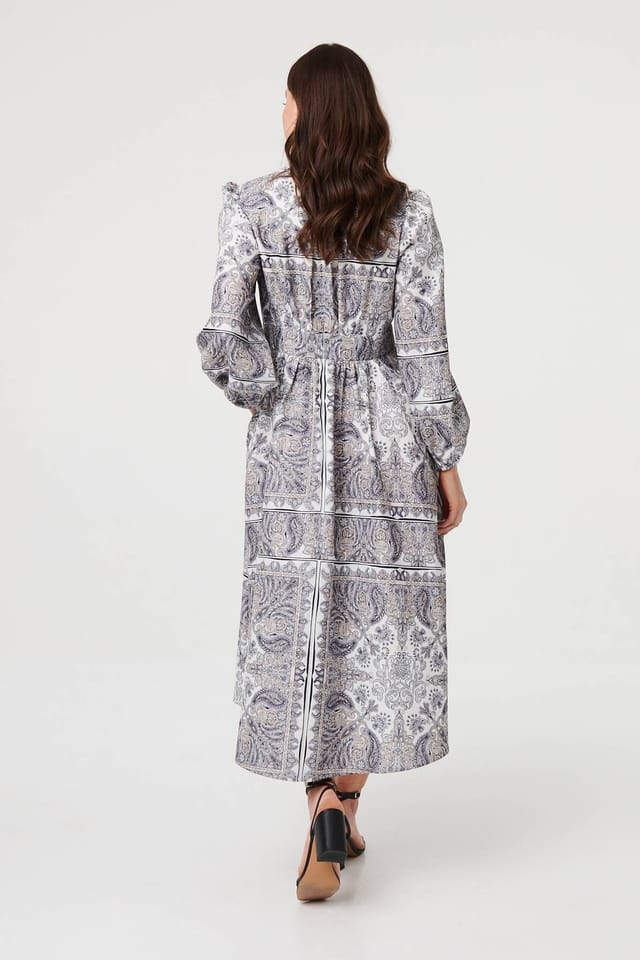 Izabel London Izabel London Women's Printed Long Sleeve Shirred Midi Dress in Grey - 3