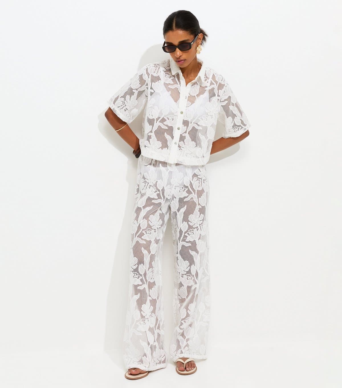 New Look Women's Premium White Embroidered Netted Floral Lace Beach Wide Leg Trousers New Look