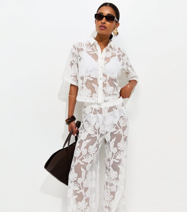 New Look Women's Premium White Embroidered Netted Floral Lace Beach Wide Leg Trousers New Look - 2