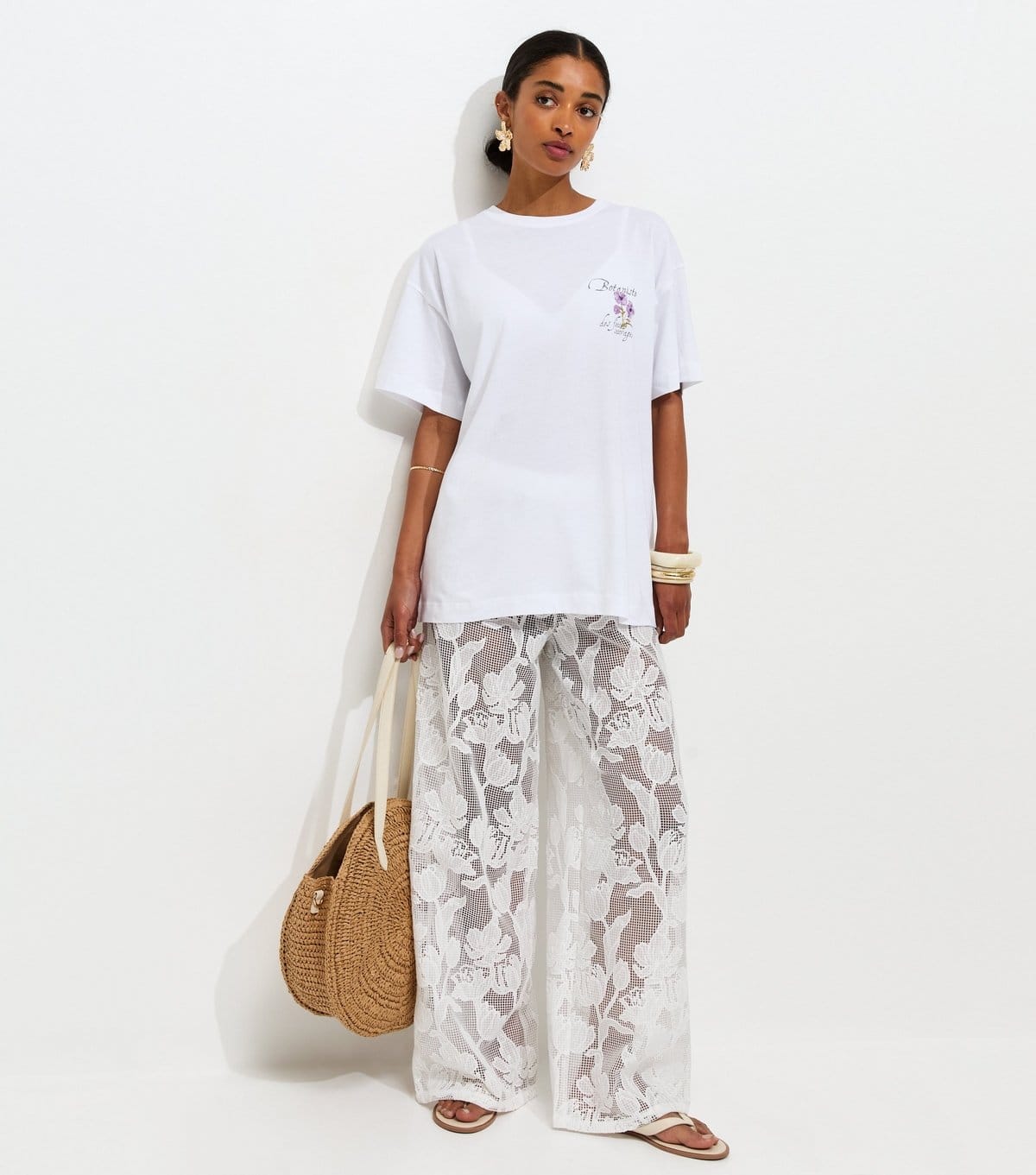 New Look Women's Premium White Embroidered Netted Floral Lace Beach Wide Leg Trousers New Look - 4