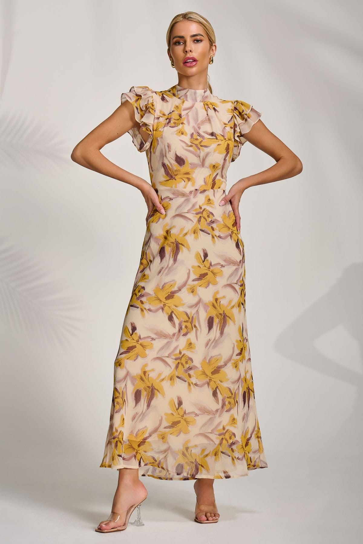 Jolie Moi Jolie Moi Women's High Neck Ruffle Sleeve Chiffon Maxi Dress - 4