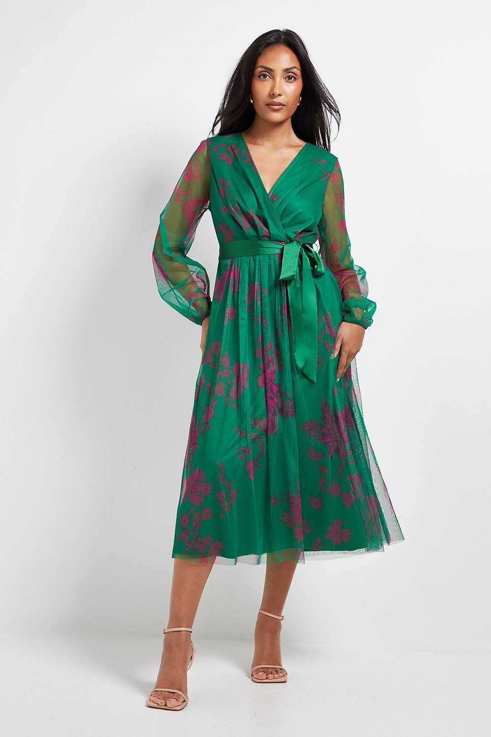 Wallis Wallis Women's Petite Floral Mesh Satin Tie Midi Dress in Green - 2