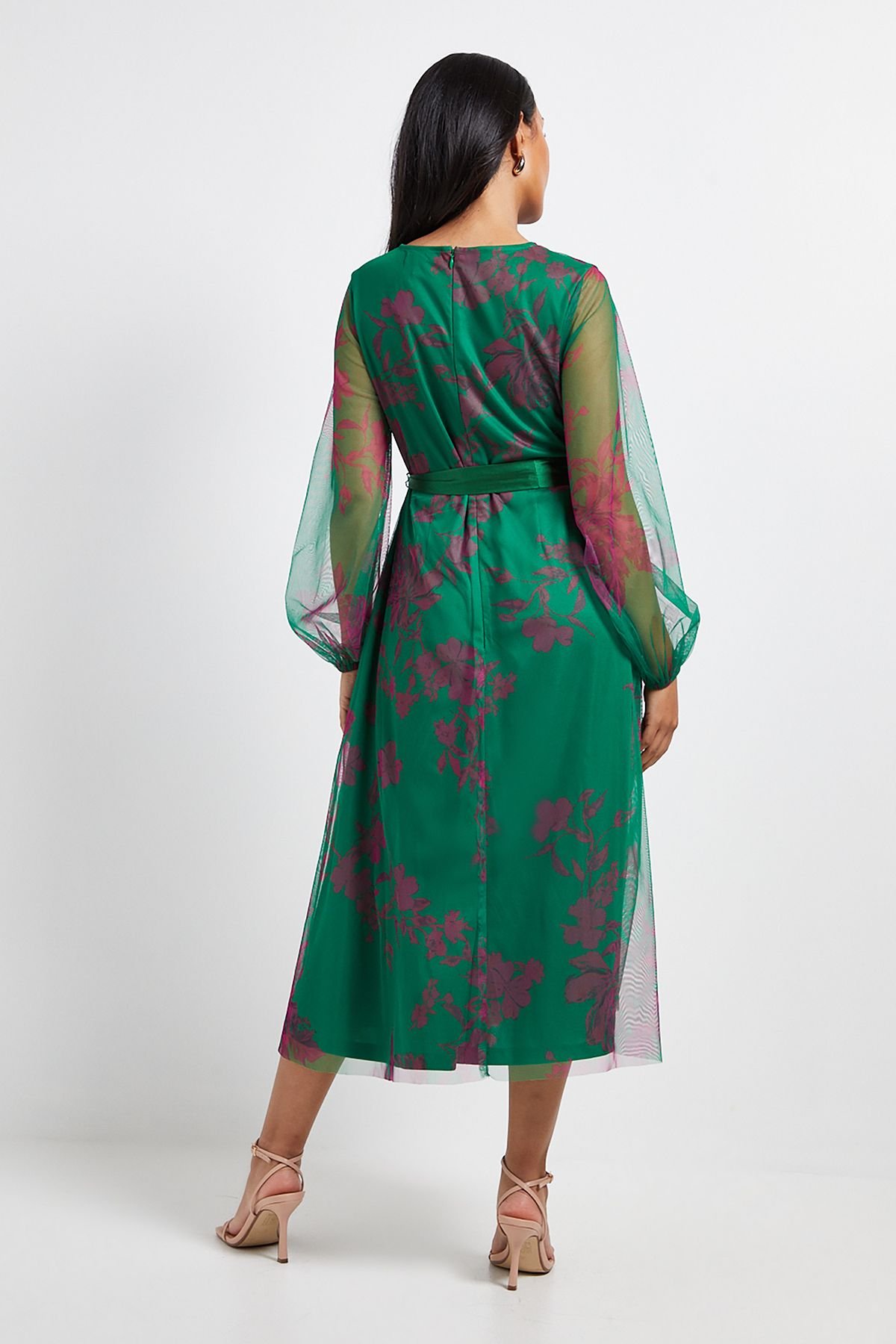 Wallis Wallis Women's Petite Floral Mesh Satin Tie Midi Dress in Green - 3